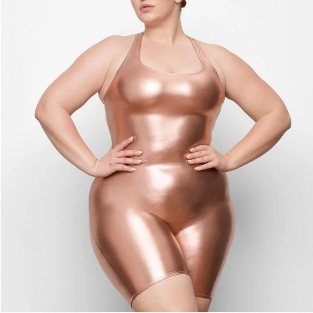 NWT SKIMS Metallic Swim Cycle Suit Size S Champagne